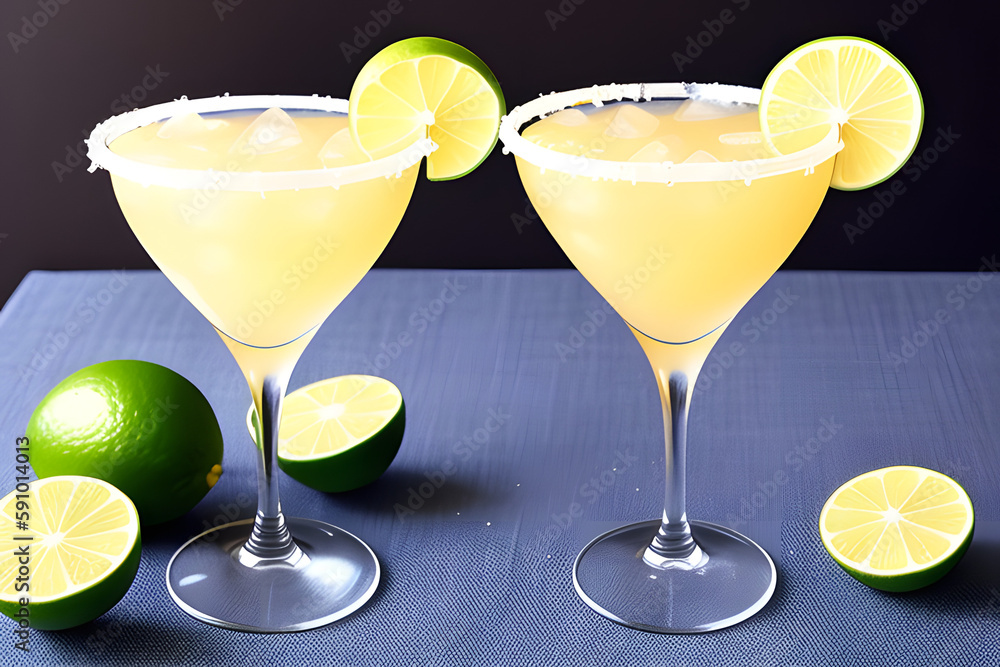Classic margarita cocktail with lime slice and salty rim Classic margarita cocktail with lime slice and salty rim