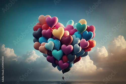 Flying colorful heart shape balloons on sky background with clouds. AI Generative