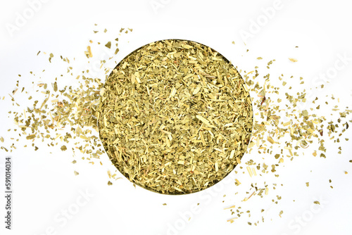 Passion Flower Tea Organic Calming. Whole Leaf Dried Passionflower on white background. Passion flora Herb for Anxiety. Dried Passion Flower. copy space.