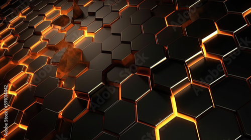 Black blue and orange hexagons background. 3d background generative ai
