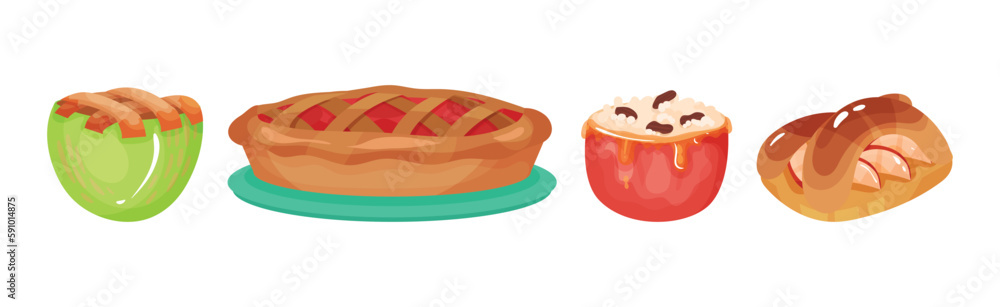 Desserts with Apple Like Bun, Porridge and Apple Pie Vector Set Desserts with Apple Like Bun, Porridge and Apple Pie Vector Set