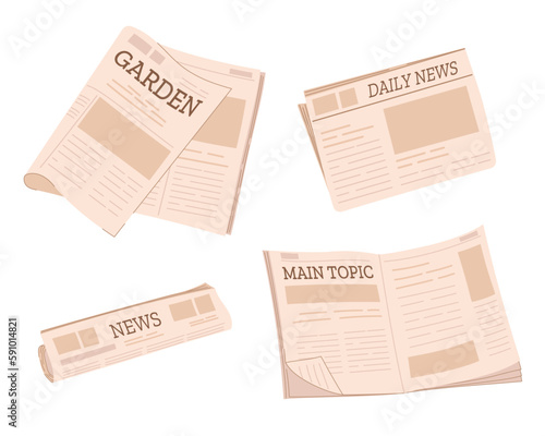 Set of newspapers isolated on white background. Modern news publications. Newspapers folded in half, open newspaper.