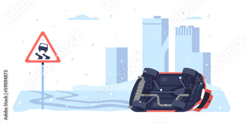 Car turns over on slippery road. Transport accident. Highway covered by snow. Ice-crusted automobile speedway. Auto transportation. Damaged vehicle. Dangerous traffic. Vector concept