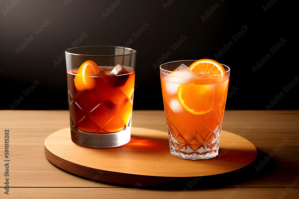 negroni cocktail with round orange ice on wooden table facing with isolated black background negroni cocktail with round orange ice on wooden table facing with isolated black background
