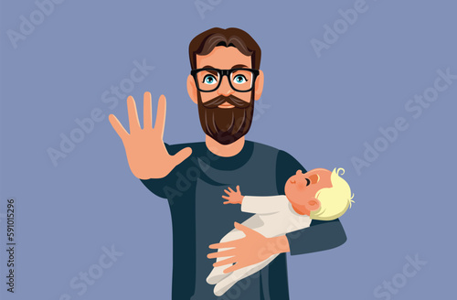 Father Holding baby Making a Stop Gesture vector Cartoon Illustration. Overprotective dad receiving full custody during legal trial 
