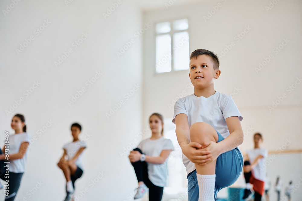 Fototapeta premium Happy student and his classmates practicing on PE class at school gym.