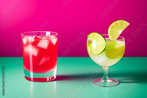 Side view of red strawberry cocktail with ice on pink background, green backdrop, and white podium with lime. Minimalist, modern style for a refreshing, eye-catching drink. Vertical composition