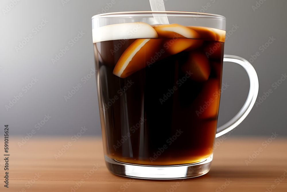 Cold brew black tea in glass cup, clear cold brew beverage in a can shaped glass Cold brew black tea in glass cup, clear cold brew beverage in a can shaped glass