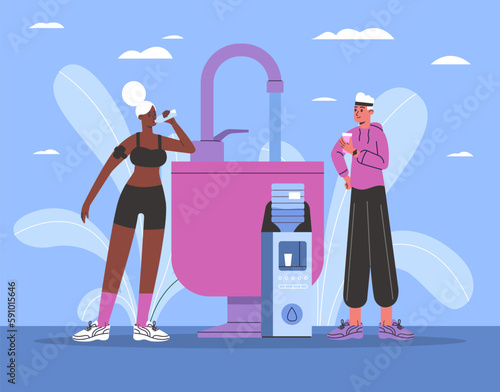 Drinking water. Cartoon athletes quench their thirst. People with glass or bottle. Hydration of body. Drinkable aqua cooler and fountain. Thirsty after sport workout. Vector concept