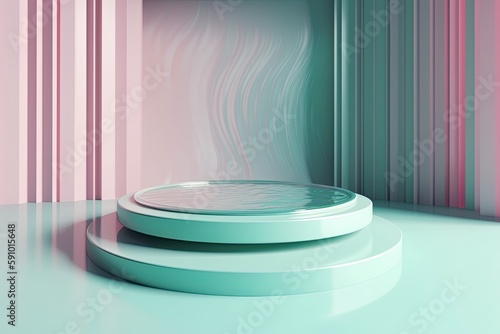 3D Rendered Abstract Pastel Podium on Water with Waving Curtains, AI Generated