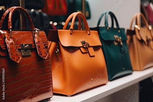 Close-Up of Handbags and Clothes in Fashion Store, AI Generated photo