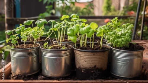 Vegetable Seedlings in Upcycled Tin Cans in Sunny Garden, AI Generated