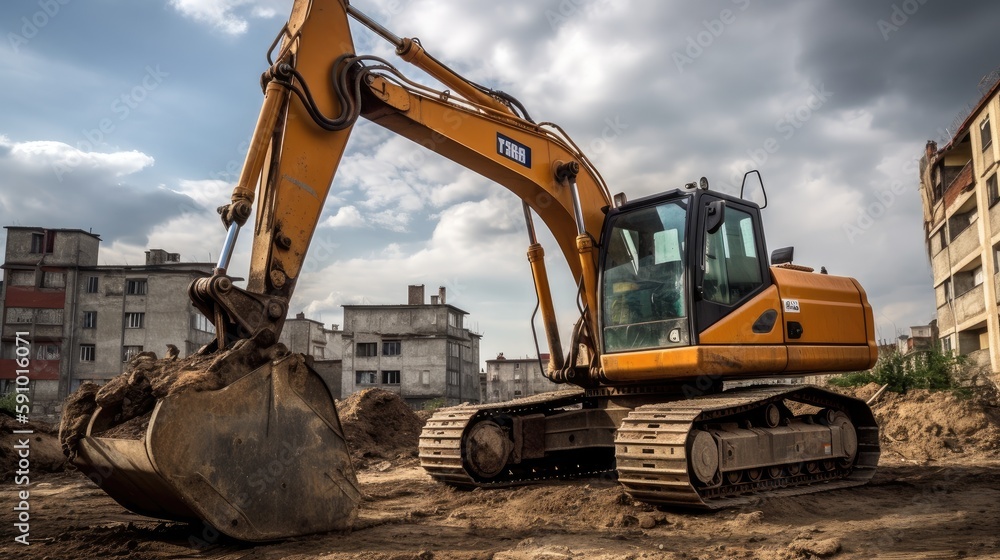 Excavator Loader Machine at Demolition Construction Site, AI Generated