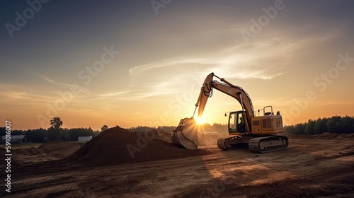 Excavator in Construction Site on Sunset Sky Background, AI Generated