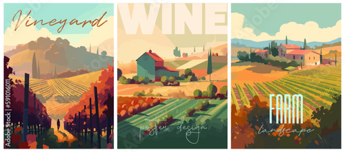 Vineyard farm landscape flat colors typography posters. Wine and grape. Vector illustration for social, banner or card.