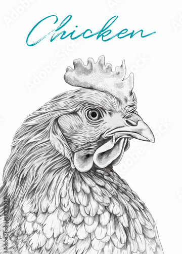 Chicken head detailed monohrome sketch. Chicken farm production. Vector poster.