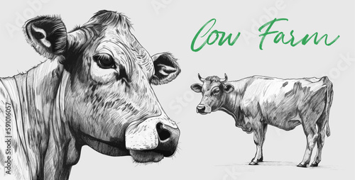 Cow, monohrome detailed pencil sketch style illustration. Cow farm. Vector poster.