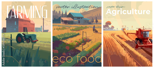 Organic farming and agriculture flat colors typography posters. Vector illustration for social, banner or card.
