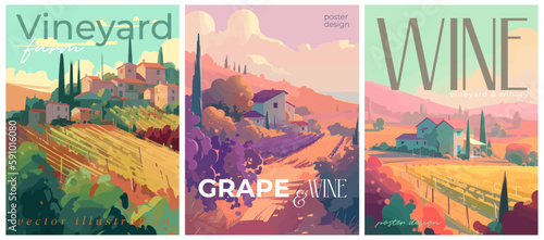 Vineyard farm landscape flat colors typography posters. Wine and grape. Vector illustration for social, banner or card.
