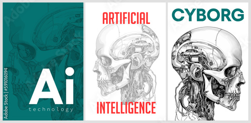 Cyborg head. Ai technology vector posters set.