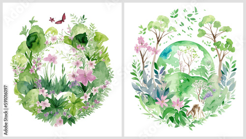 Saving the planet, nature and ecology posters. Vectorised generative ai illustrations for social, banner or card. photo