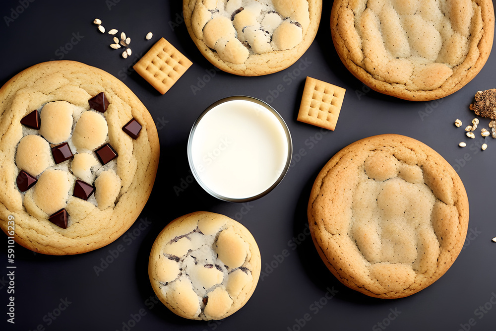 Milk and cookies meals bakery on black color table background, concept sweet, chocolate, morning, breakfast, malt, barley, cereal grain Milk and cookies meals bakery on black color table background, concept sweet, chocolate, morning, breakfast, malt, barley, cereal grain