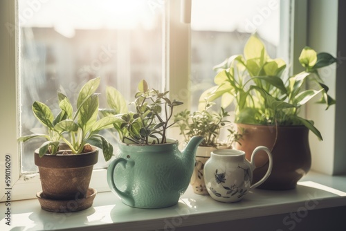 Recycled Mug and Teapot Houseplants in Sunny Window  AI Generated