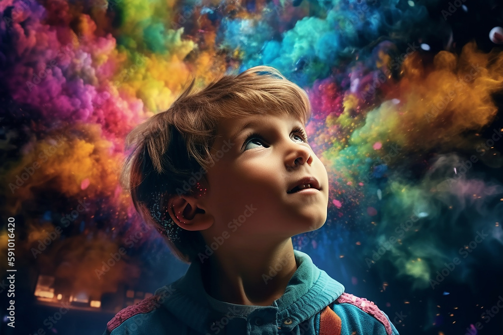 a Kids experiencing the radiant euphoria in colorful powders explosion background Generative AI