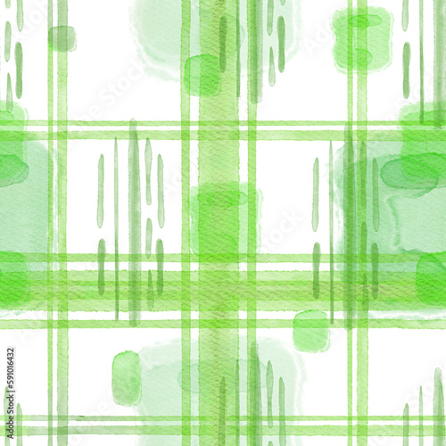 Seamless watercolor pattern with a green checkered line and squares on a white background. Abstract texture. Tartan.