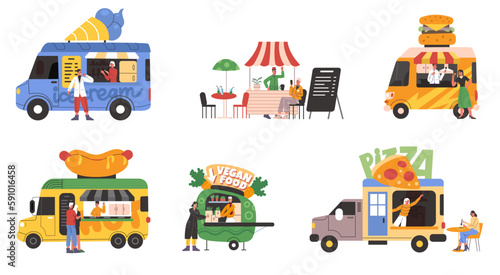 Food trucks. People buy snacks in automobile van cafe. Eateries on wheels. Sellers and visitors. Pizza and burgers store. Vegetarian meal. Street market. Vector festival stalls set