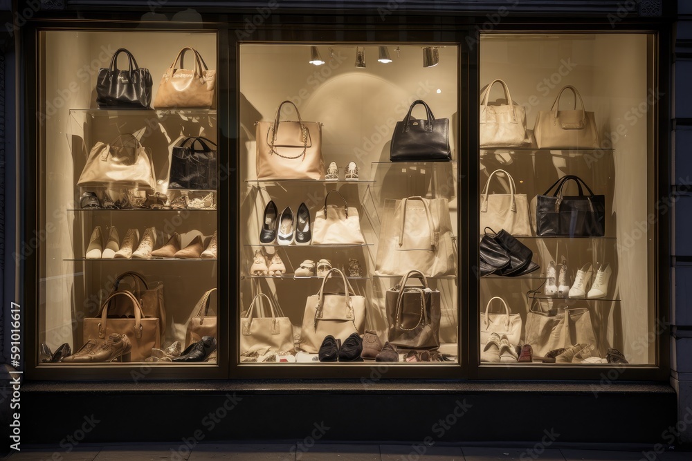 Shop Window with Bags and Shoes, AI Generated - obrazy, fototapety, plakaty 