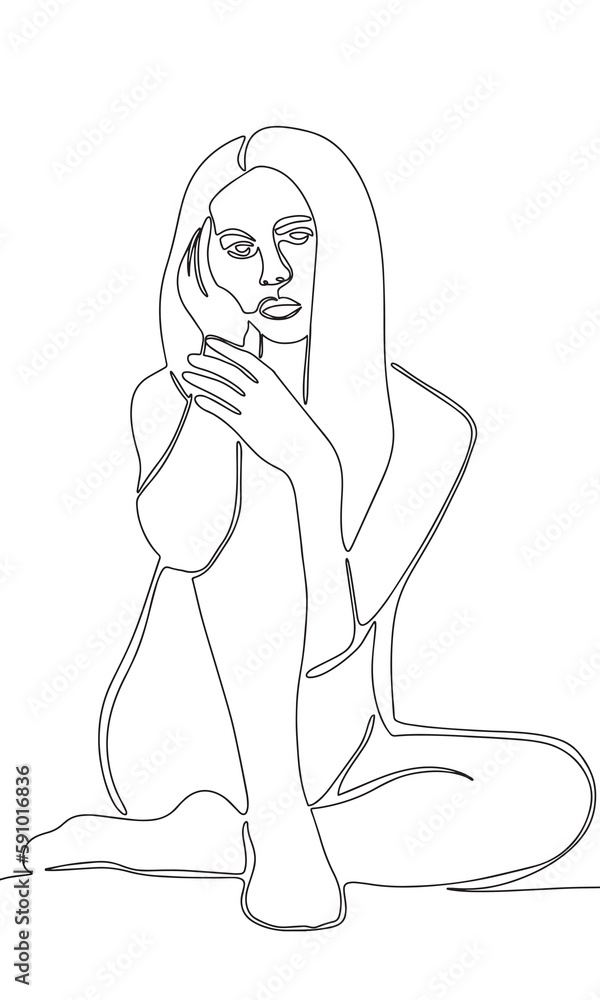 One line continuous beautiful young woman vector illustration. Line art sitting woman.
