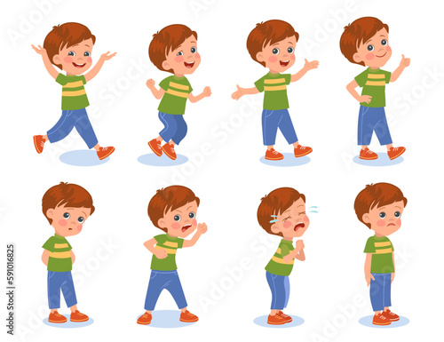 Funny boy expressions. Little hild with different emotions. Cheerful or upset teenager. Cartoon kids poses. Positive and negative states. Laughing and crying teen. Splendid vector set