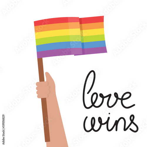 Hand with LGBT flag. Love wins. Conception for banner. Vector illustration.