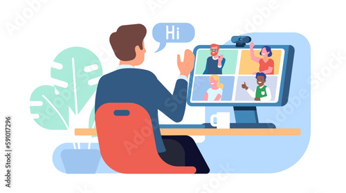 Guy is communicating with group of colleagues participating in video conference. Man sitting at table. Remote communication at home or office. Digital internet technology. Vector concept