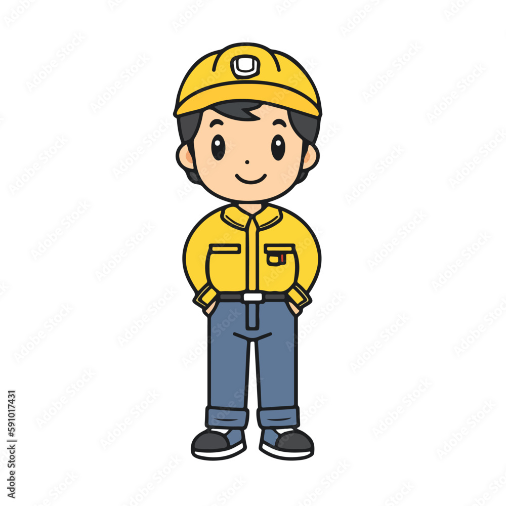 Mascot of cute boy mechanic engine repairman wearing uniform, helmet, and cap. Cartoon flat character vector illustration Mascot of cute boy mechanic engine repairman wearing uniform, helmet, and cap. Cartoon flat character vector illustration