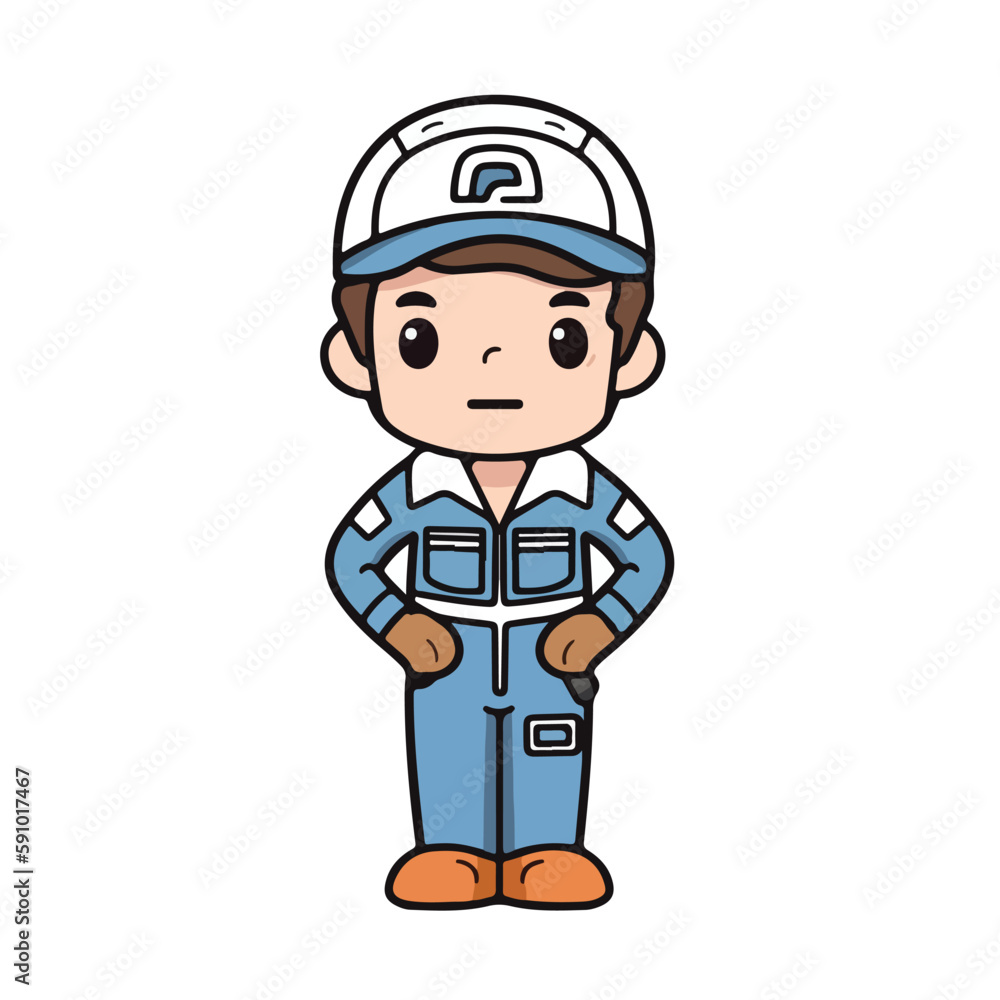 Mascot of cute boy mechanic engine repairman wearing uniform, helmet, and cap. Cartoon flat character vector illustration