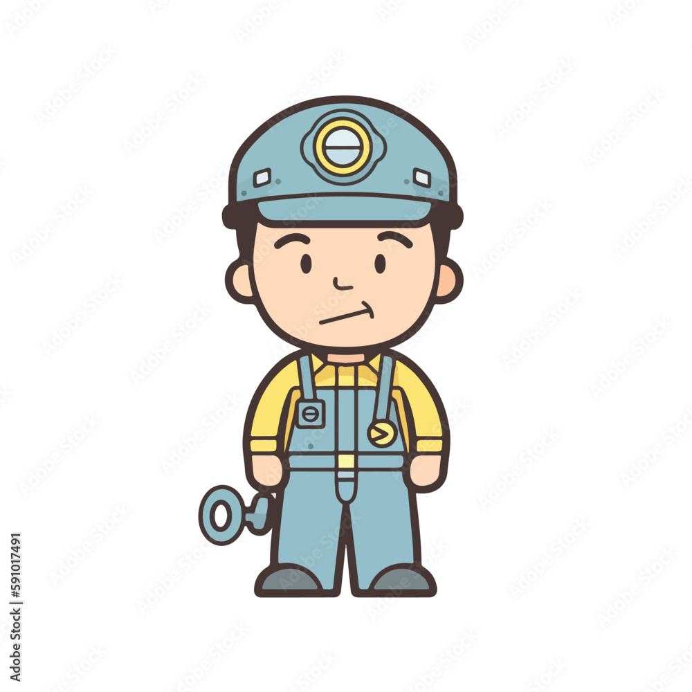 Mascot of cute boy mechanic engine repairman wearing uniform, helmet, and cap. Cartoon flat character vector illustration Mascot of cute boy mechanic engine repairman wearing uniform, helmet, and cap. Cartoon flat character vector illustration