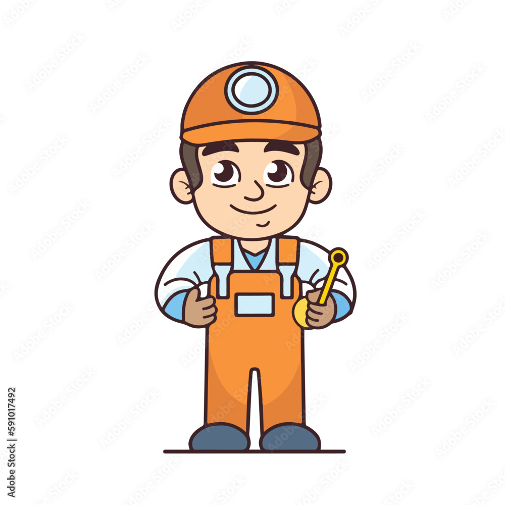 Mascot of cute boy mechanic engine repairman wearing uniform, helmet, and cap. Cartoon flat character vector illustration Mascot of cute boy mechanic engine repairman wearing uniform, helmet, and cap. Cartoon flat character vector illustration