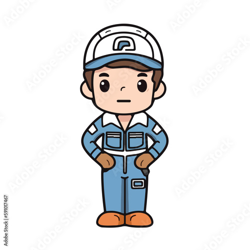 Mascot of cute boy mechanic engine repairman wearing uniform, helmet, and cap. Cartoon flat character vector illustration