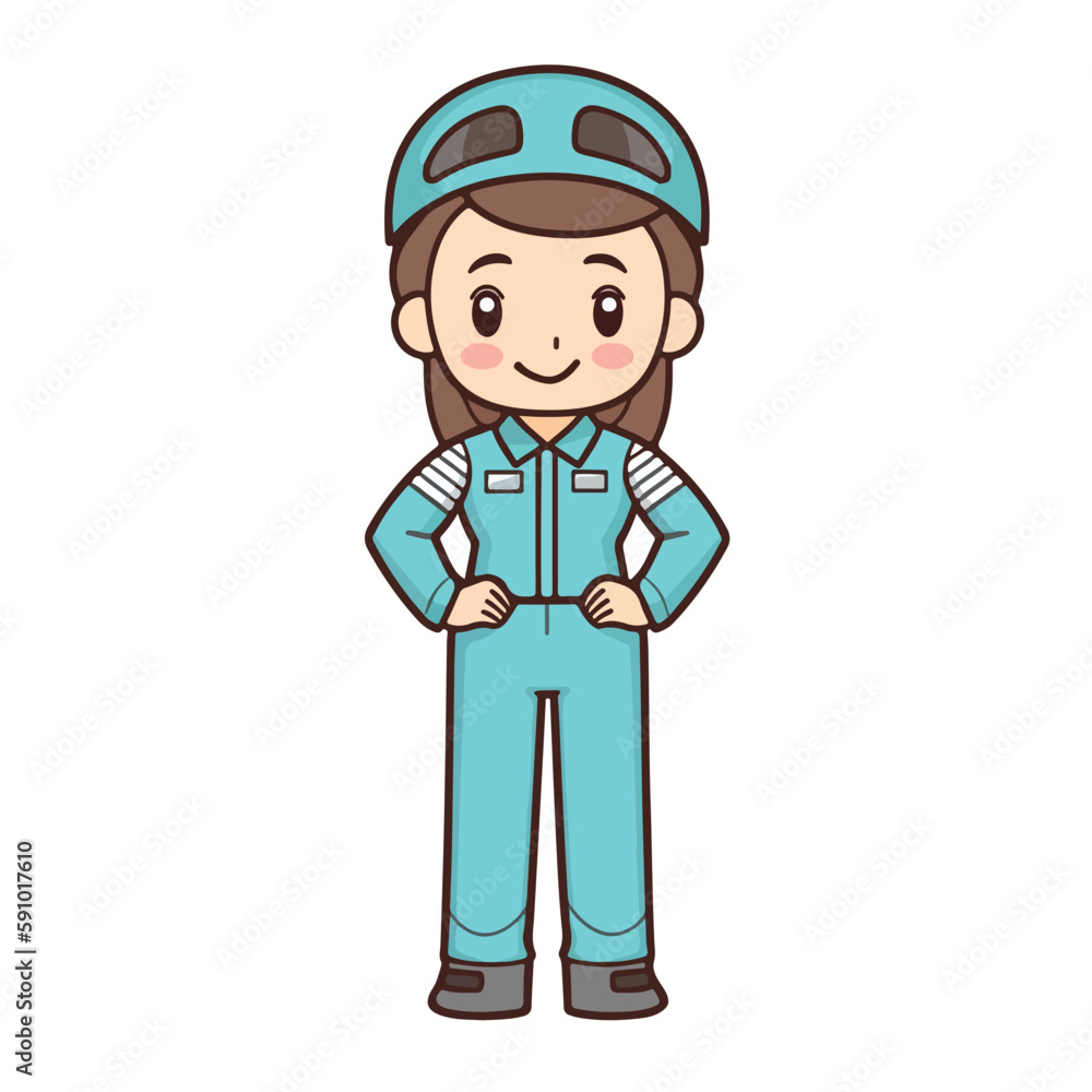 Mascot of cute girl mechanic engine repair woman wearing uniform, helmet, and cap. Cartoon flat character vector illustration