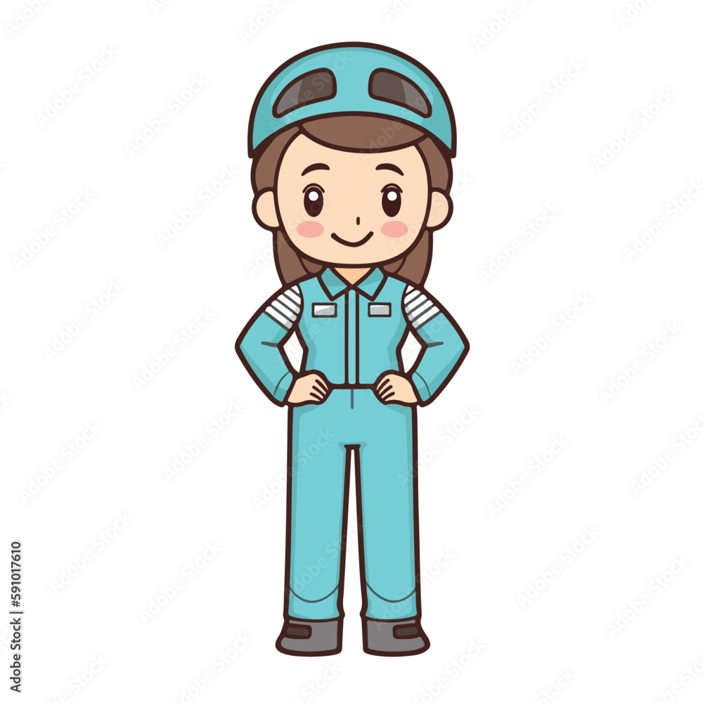 Mascot of cute girl mechanic engine repair woman wearing uniform, helmet, and cap. Cartoon flat character vector illustration Mascot of cute girl mechanic engine repair woman wearing uniform, helmet, and cap. Cartoon flat character vector illustration
