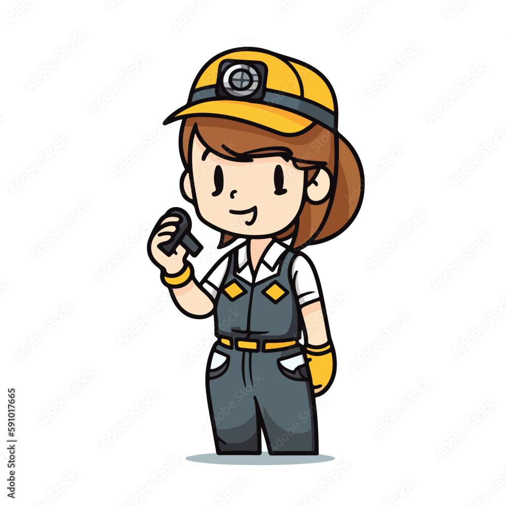 Mascot of cute girl mechanic engine repair woman wearing uniform, helmet, and cap. Cartoon flat character vector illustration