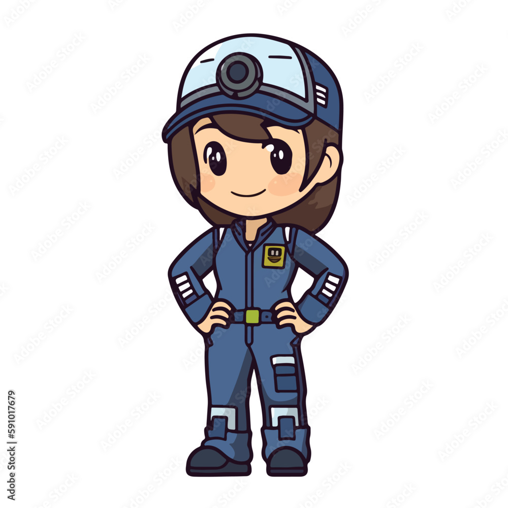 Mascot of cute girl mechanic engine repair woman wearing uniform, helmet, and cap. Cartoon flat character vector illustration Mascot of cute girl mechanic engine repair woman wearing uniform, helmet, and cap. Cartoon flat character vector illustration