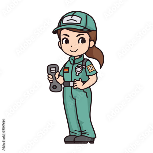 Mascot of cute girl mechanic engine repair woman wearing uniform, helmet, and cap. Cartoon flat character vector illustration