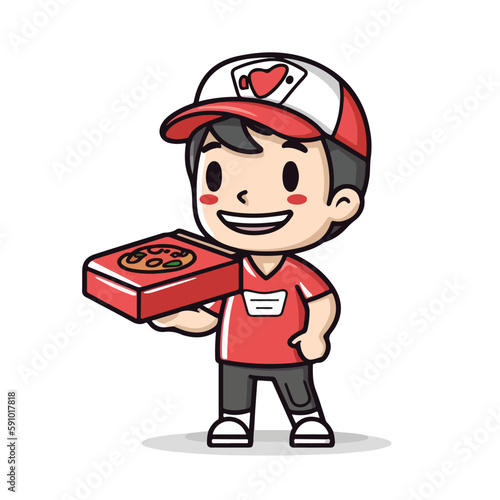 Mascot of cute pizza delivery boy holding pizza box. Cartoon flat character vector illustration