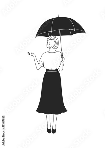 傘をさす女性の線画モノクロイラスト