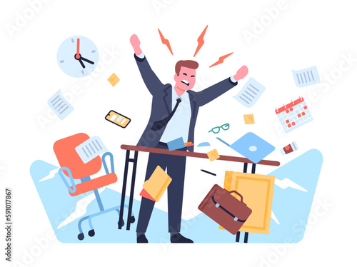 Irritated and angry worker throwing items around in workplace. Boss furious shouting. Deadline fail. Frustrated office employee. Nervous businessman. Annoyed manager. Vector concept