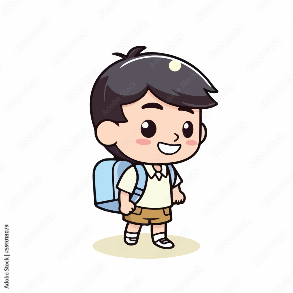 Mascot of little boy with bag backpack go to school. Cartoon flat character vector illustration