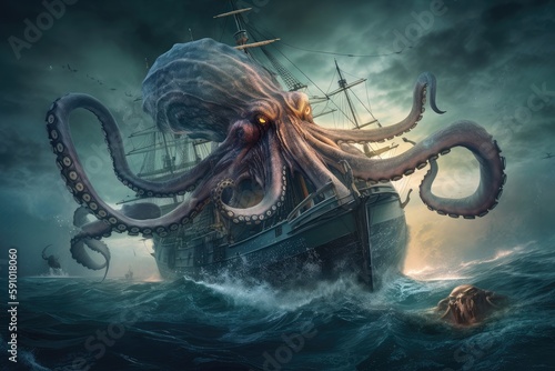 octopus kraken battling otherworldly monster in the depths of the ocean, created with generative ai